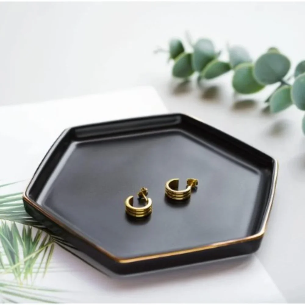 Hexagonal Ceramic Jewelry Tray - Small Rings & Earrings Dish - Key Tray (Black)